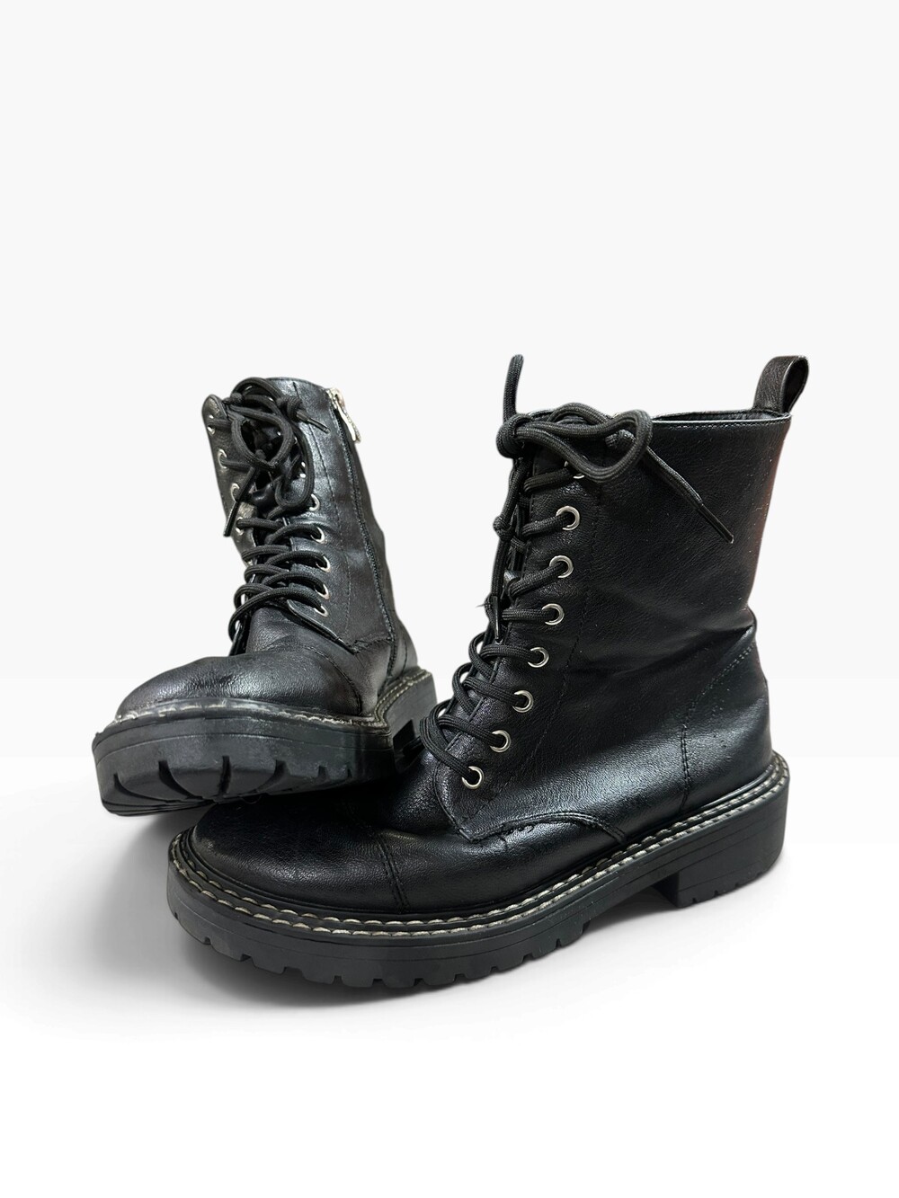 Black Vepose Leather Boots Size 8 Lace-Up Side Zipper Chunky Heel